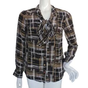 TRINA TURK Silk Blouse, 4, Bow, Browns/Tan, Crosshatch stripes, Buttons